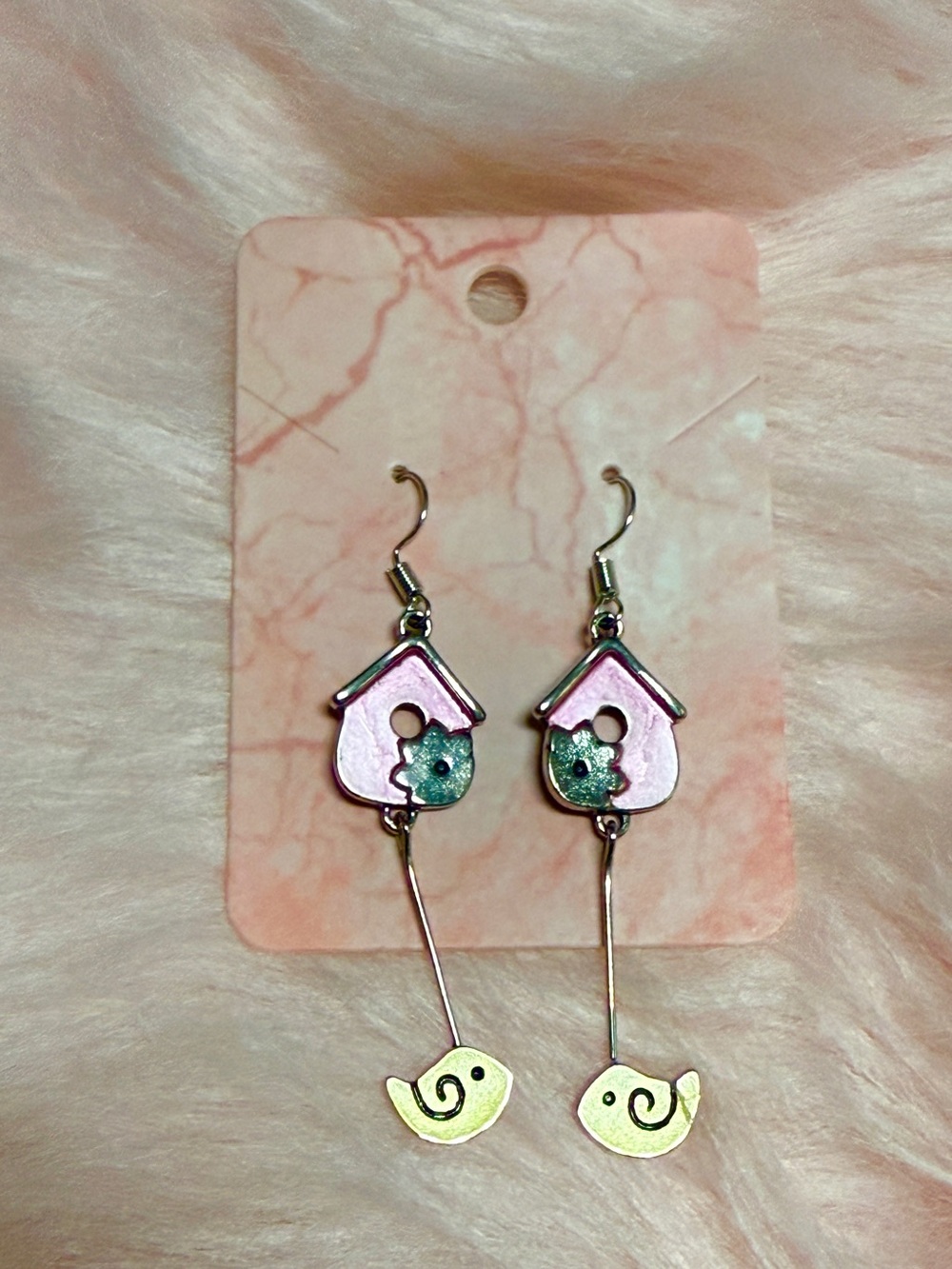 Pink Birdhouse Dangle Earrings with Yellow Bird Charms